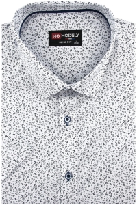 Koszula Męska Elegancka Wizytowa do garnituru biała we wzorki z krótkim rękawem w kroju SLIM FIT Modely P754