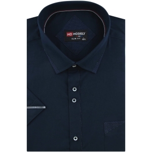 Koszula Męska Elegancka Wizytowa do garnituru gładka granatowa z lamówką z krótkim rękawem w kroju SLIM FIT Modely P770