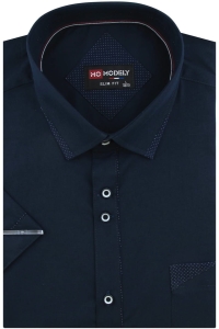 Koszula Męska Elegancka Wizytowa do garnituru gładka granatowa z lamówką z krótkim rękawem w kroju SLIM FIT Modely P770