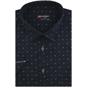 Koszula Męska Elegancka Wizytowa do garnituru granatowa we wzorki z krótkim rękawem w kroju SLIM FIT Modely P797