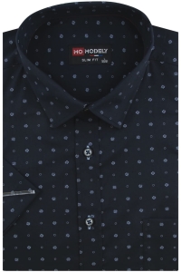 Koszula Męska Elegancka Wizytowa do garnituru granatowa we wzorki z krótkim rękawem w kroju SLIM FIT Modely P797