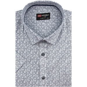 Koszula Męska Elegancka Wizytowa do garnituru biała we wzorki z krótkim rękawem w kroju SLIM FIT Modely P825