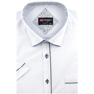 Koszula Męska Elegancka Wizytowa do garnituru gładka biała z lamówką z krótkim rękawem w kroju SLIM FIT Modely P827