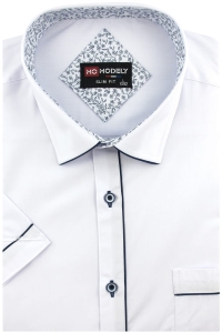 Koszula Męska Elegancka Wizytowa do garnituru gładka biała z lamówką z krótkim rękawem w kroju SLIM FIT Modely P827
