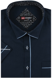 Koszula Męska Elegancka Wizytowa do garnituru gładka granatowa z lamówką z krótkim rękawem w kroju SLIM FIT Modely P829