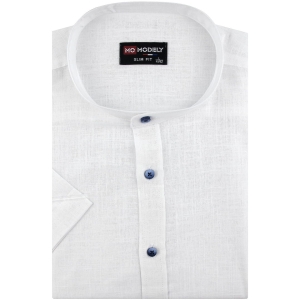Lniana Koszula Męska Codzienna ze stójką gładka biała z krótkim rękawem w kroju SLIM FIT Modely P831