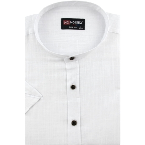 Lniana Koszula Męska Codzienna Casual ze stójką biała z krótkim rękawem w kroju SLIM FIT Modely P832
