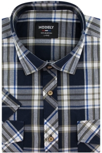 Koszula Męska Codzienna Casual granatowa w kratkę z kieszonkami z klapą z krótkim rękawem w kroju REGULAR Modely P837