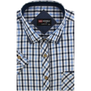 Koszula Męska Codzienna Casual niebieska w kratkę z krótkim rękawem w kroju SLIM FIT Modely P838