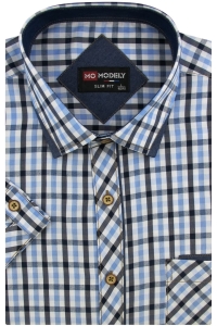 Koszula Męska Codzienna Casual niebieska w kratkę z krótkim rękawem w kroju SLIM FIT Modely P838