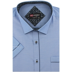 Lniana Koszula Męska Codzienna Casual gładka niebieska z lamówką z krótkim rękawem w kroju SLIM FIT Modely P748