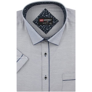 Lniana Koszula Męska Codzienna Casual gładka szara z lamówką z krótkim rękawem w kroju SLIM FIT Modely P749