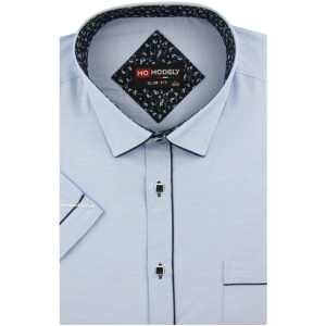Lniana Koszula Męska Codzienna Casual gładka błękitna z lamówką z krótkim rękawem w kroju SLIM FIT Modely P750