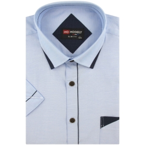 Lniana Koszula Męska Codzienna Casual gładka błękitna z lamówką z krótkim rękawem w kroju SLIM FIT Modely P757