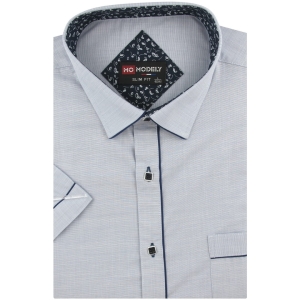 Lniana Koszula Męska Codzienna Casual gładka jasna szara z lamówką z krótkim rękawem w kroju SLIM FIT Modely P760