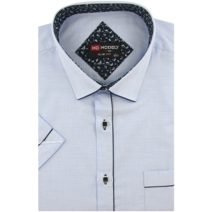 Lniana Koszula Męska Codzienna Casual gładka błękitna z lamówką z krótkim rękawem w kroju SLIM FIT Modely P762