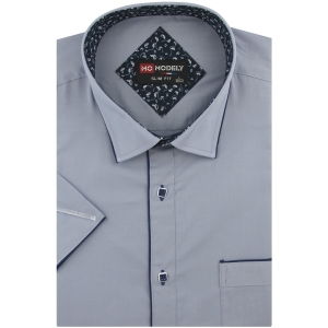 Koszula Męska Elegancka Wizytowa do garnituru gładka szara z lamówką z krótkim rękawem w kroju SLIM FIT Modely P771