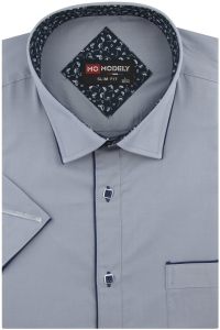 Koszula Męska Elegancka Wizytowa do garnituru gładka szara z lamówką z krótkim rękawem w kroju SLIM FIT Modely P771