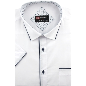 Koszula Męska Elegancka Wizytowa do garnituru gładka biała z lamówką z krótkim rękawem w kroju SLIM FIT Modely P774
