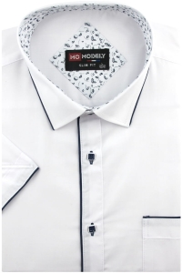 Koszula Męska Elegancka Wizytowa do garnituru gładka biała z lamówką z krótkim rękawem w kroju SLIM FIT Modely P774