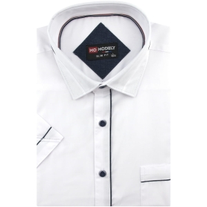 Koszula Męska Elegancka Wizytowa do garnituru gładka biała z lamówką z krótkim rękawem w kroju SLIM FIT Modely P775