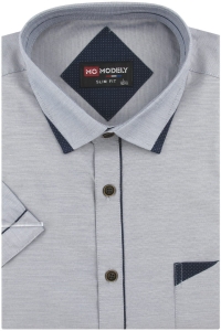 Lniana Duża Koszula Męska Codzienna Casual gładka szara z lamówką z krótkim rękawem Duże rozmiary P917