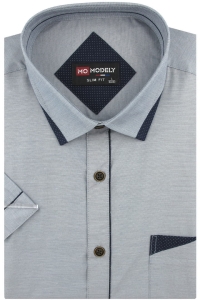 Lniana Duża Koszula Męska Codzienna Casual gładka szara z lamówką z krótkim rękawem Duże rozmiary P920