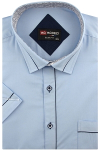 Koszula Męska Elegancka Wizytowa do garnituru gładka niebieska z lamówką z krótkim rękawem w kroju SLIM FIT Modely P779