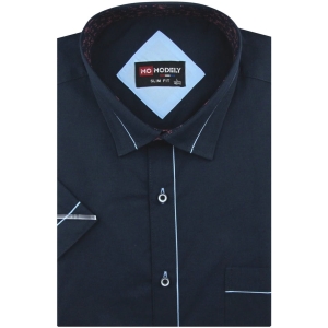 Koszula Męska Elegancka Wizytowa do garnituru gładka granatowa z lamówką z krótkim rękawem w kroju SLIM FIT Modely P780