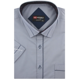 Koszula Męska Elegancka Wizytowa do garnituru gładka szara z lamówką z krótkim rękawem w kroju SLIM FIT Modely P782