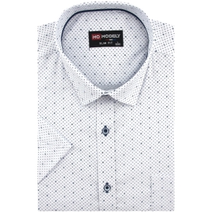 Koszula Męska Elegancka Wizytowa do garnituru biała we wzorki z krótkim rękawem w kroju SLIM FIT Modely P807