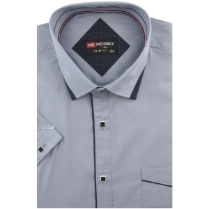 Koszula Męska Elegancka Wizytowa do garnituru gładka szara z lamówką z krótkim rękawem w kroju SLIM FIT Modely P816