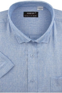 Lniana Duża Koszula Męska Codzienna Casual niebieska z krótkim rękawem Duże rozmiary Koneser P988