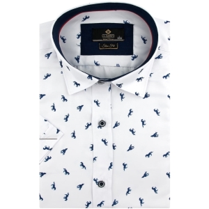 Koszula Męska Elegancka Wizytowa do garnituru biała w koniki z krótkim rękawem w kroju SLIM FIT Classo R049