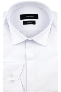 Koszula Męska Elegancka Wizytowa do garnituru z krytą plisą gładka biała z długim rękawem w kroju SLIM FIT Viadi Polo J381