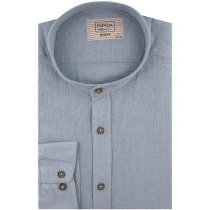 Lniana Koszula Męska Codzienna Casual ze stójką gładka niebiesko-szara z długim rękawem w kroju SLIM FIT Espada Men's Wear J330