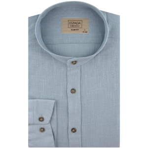 Lniana Koszula Męska Codzienna Casual ze stójką gładka szaro-niebieska z długim rękawem w kroju SLIM FIT Espada Men's Wear J332