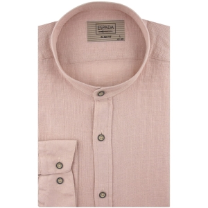 Lniana Koszula Męska Codzienna Casual ze stójką gładka różowa brudny róż z długim rękawem w kroju SLIM FIT Espada Men's Wear J346