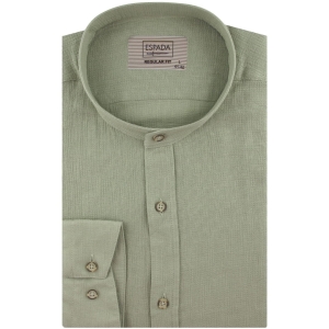 Lniana Koszula Męska Codzienna Casual ze stójką gładka zielona oliwkowa z długim rękawem w kroju REGULAR Espada Men's Wear J356