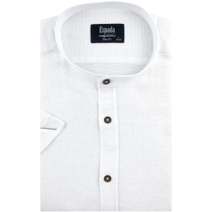 Lniana Koszula Męska Codzienna ze stójką gładka biała z krótkim rękawem w kroju SLIM FIT Espada Men's Wear R114