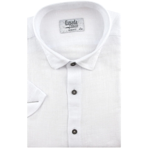 Lniana Koszula Męska Codzienna Casual gładka biała z krótkim rękawem w kroju SLIM FIT Espada Men's Wear R113