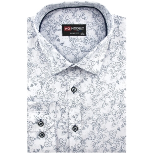 Koszula Męska Elegancka Wizytowa do garnituru biała w kwiatki z długim rękawem w kroju SLIM FIT Modely J401