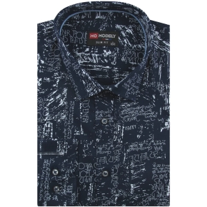 Koszula Męska Elegancka Wizytowa do garnituru granatowa we wzorki z długim rękawem w kroju SLIM FIT Modely J409