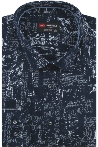 Koszula Męska Elegancka Wizytowa do garnituru granatowa we wzorki z długim rękawem w kroju SLIM FIT Modely J409