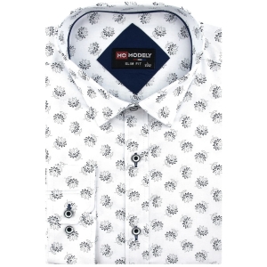 Koszula Męska Elegancka Wizytowa do garnituru biała w kwiatki z długim rękawem w kroju SLIM FIT Modely J413
