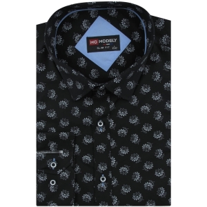 Koszula Męska Elegancka Wizytowa do garnituru czarna w kwiatki z długim rękawem w kroju SLIM FIT Modely J414