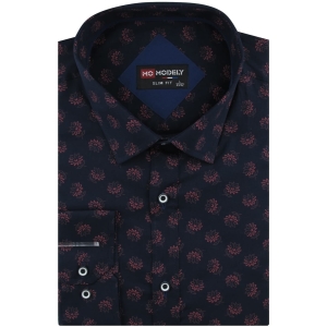 Koszula Męska Elegancka Wizytowa do garnituru granatowa w kwiatki z długim rękawem w kroju SLIM FIT Modely J415
