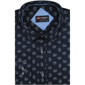 Koszula Męska Elegancka Wizytowa do garnituru granatowa w kwiatki z długim rękawem w kroju SLIM FIT Modely J416