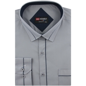 Koszula Męska Elegancka Wizytowa do garnituru gładka szara z lamówką z długim rękawem w kroju SLIM FIT Modely J417