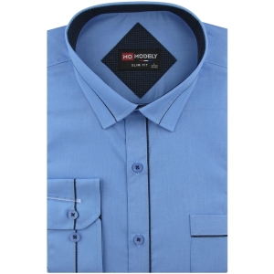 Koszula Męska Elegancka Wizytowa do garnituru gładka niebieska z lamówką z długim rękawem w kroju SLIM FIT Modely J418